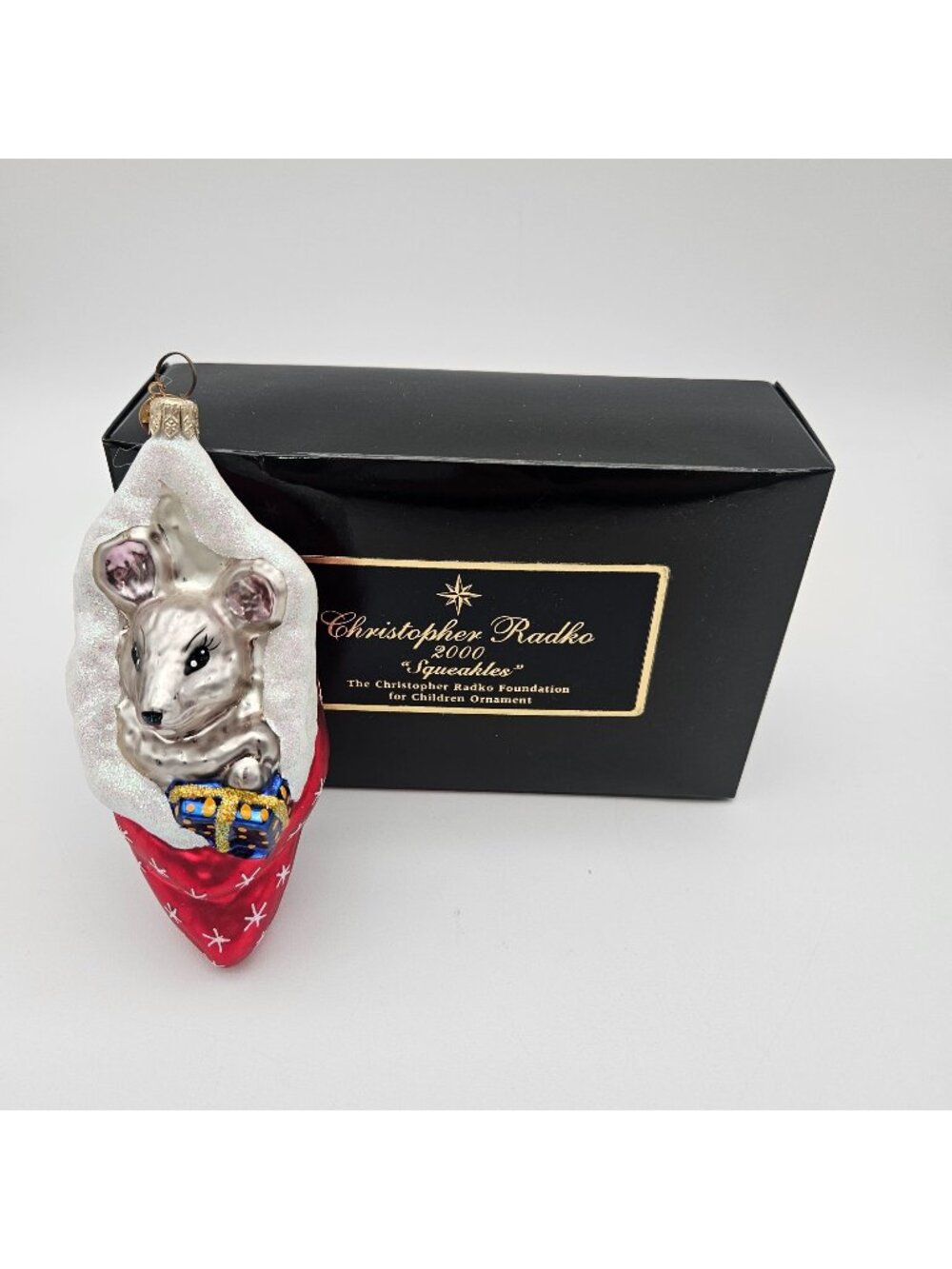 Christopher Radko Blown Glass Ornament 2000 Squeakles Mouse in Stocking Boxed